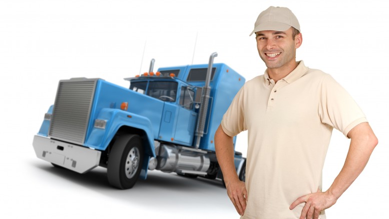 Isolated image of a man in front of a trailer truck