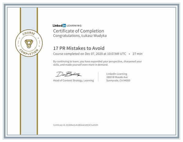 Wudyka Łukasz certyfikat LinkedIn - 17 PR Marketing Mistakes to Avoid.