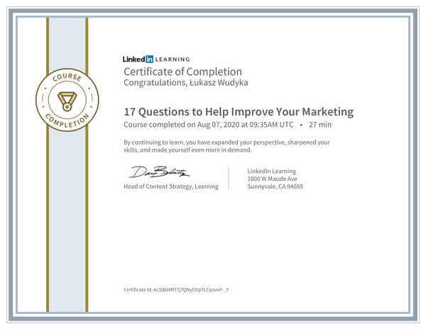 Wudyka Łukasz certyfikat LinkedIn - 17 Questions to Help Improve Your Marketing.
