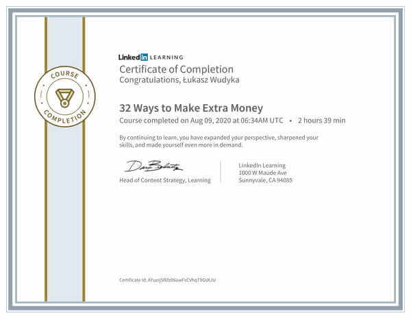 Wudyka Łukasz certyfikat LinkedIn - 32 Ways to Make Extra Money.