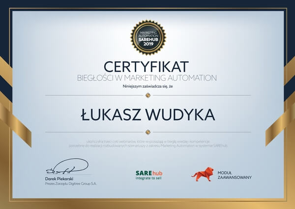 Wudyka Łukasz certyfikat SAREhub - Certyfikat Biegłości w Marketing Automation.