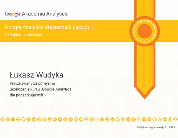 Wudyka Łukasz certyfikat Google Akademia Analytics - Google Analytics dla początkujących.
