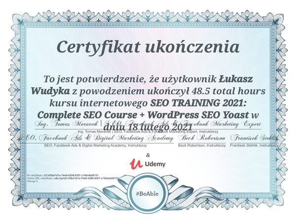 Wudyka Łukasz certyfikat UDEMY - SEO TRANING 2021 COMPLETE SEO COURSE + WORDPRESS SEO YOAST.