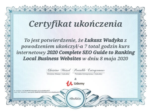 Wudyka Łukasz certyfikat UDEMY - 2020 Complete SEO Guide to Ranking Local Business Websites.