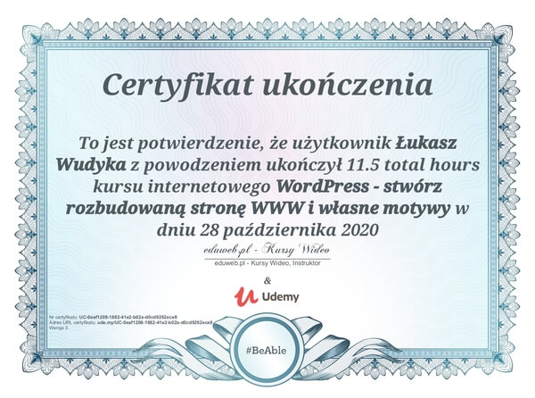 Wudyka Łukasz certyfikat UDEMY - WordPress - stwórz rozbudowaną stronę WWW i własne motywy.
