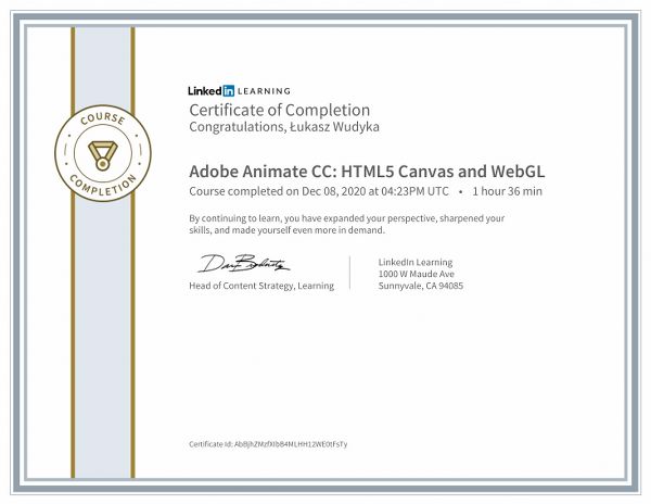 Wudyka Łukasz certyfikat LinkedIn - Adobe Animate CC HTML5 Canvas and WebGL.