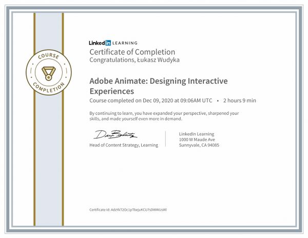 Wudyka Łukasz certyfikat LinkedIn - Adobe Animate Designing Interactive Experiences.