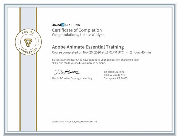 Wudyka Łukasz certyfikat LinkedIn - Adobe Animate Essential Training.
