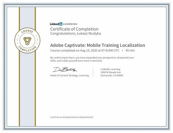 Wudyka Łukasz certyfikat LinkedIn - Adobe Captivate Mobile Training Localization.