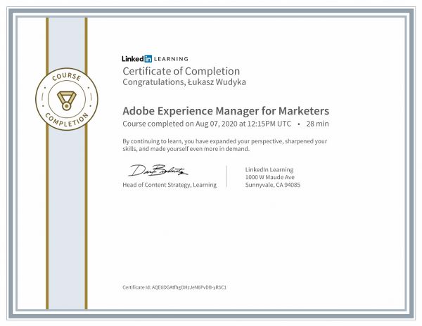 Wudyka Łukasz certyfikat LinkedIn - Adobe Experience Manager for Marketers.