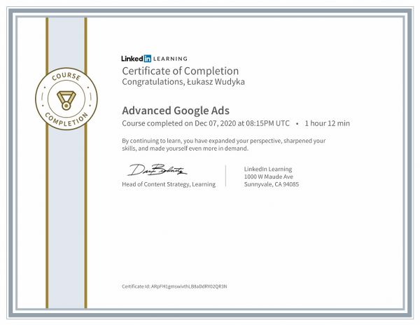 Wudyka Łukasz certyfikat LinkedIn - Advanced Google Ads.