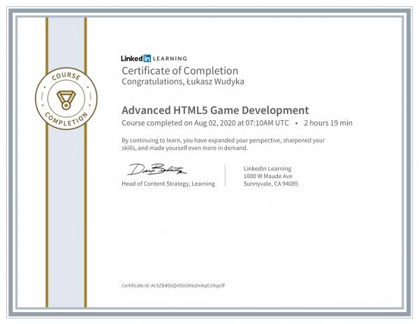 Wudyka Łukasz certyfikat LinkedIn - Advanced HTML5 Game Development.
