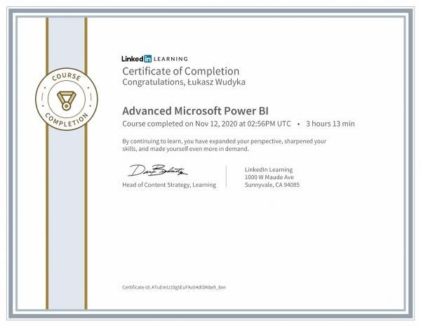 Wudyka Łukasz certyfikat LinkedIn - Advanced Microsoft Power BI-1.