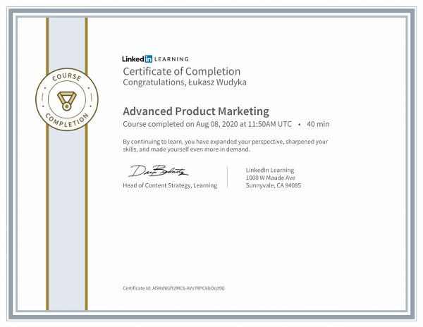 Wudyka Łukasz certyfikat LinkedIn - Advanced Product Marketing.
