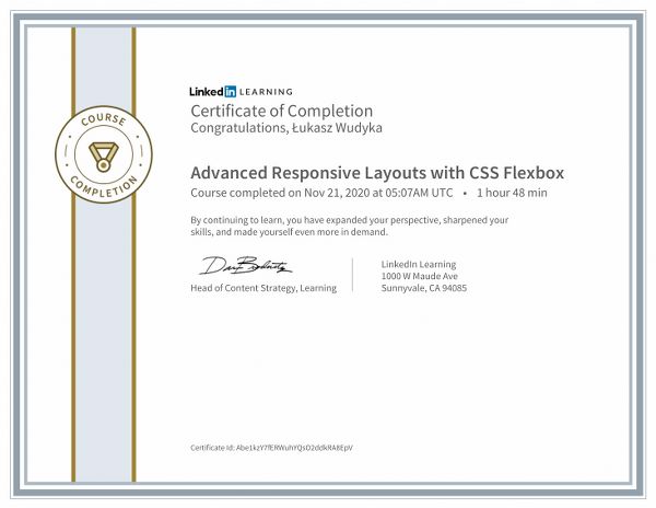 Wudyka Łukasz certyfikat LinkedIn - Advanced Responsive Layouts with CSS Flexbox.