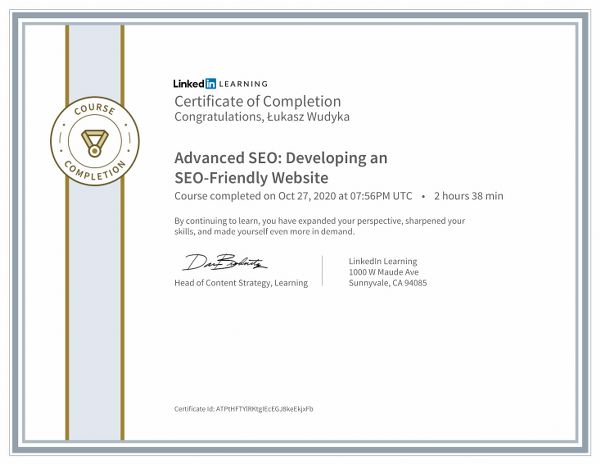 Wudyka Łukasz certyfikat LinkedIn - Advanced SEO Developing an SEOFriendly Website.
