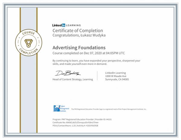 Wudyka Łukasz certyfikat LinkedIn - Advertising Foundations.