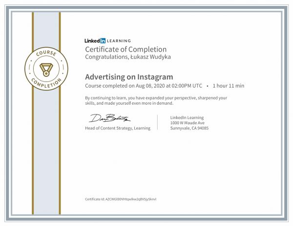 Wudyka Łukasz certyfikat LinkedIn - Advertising on Instagram.