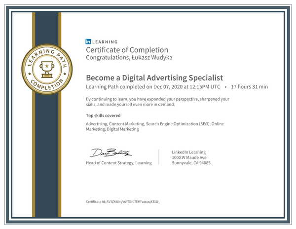 Wudyka Łukasz certyfikat LinkedIn - Become a Digital Advertising Specialist.