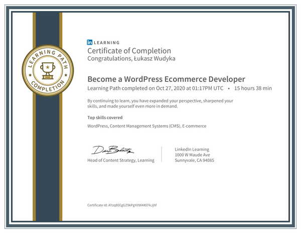 Wudyka Łukasz certyfikat LinkedIn - Become a WordPress Ecommerce Developer.