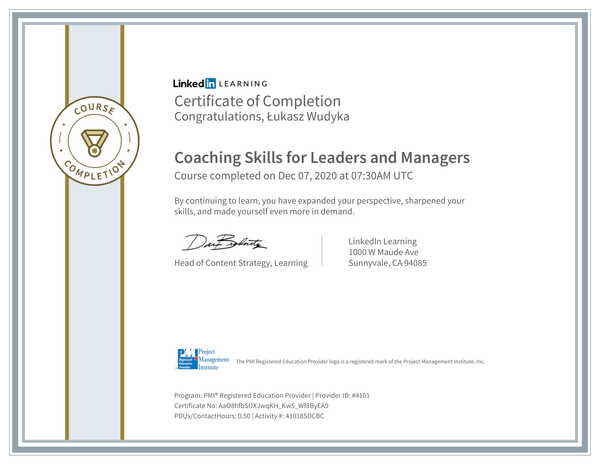 Wudyka Łukasz certyfikat LinkedIn - Coaching Skills for Leaders and Managers.
