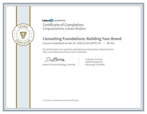 Wudyka Łukasz certyfikat LinkedIn - Consulting Foundations Building Your Brand.