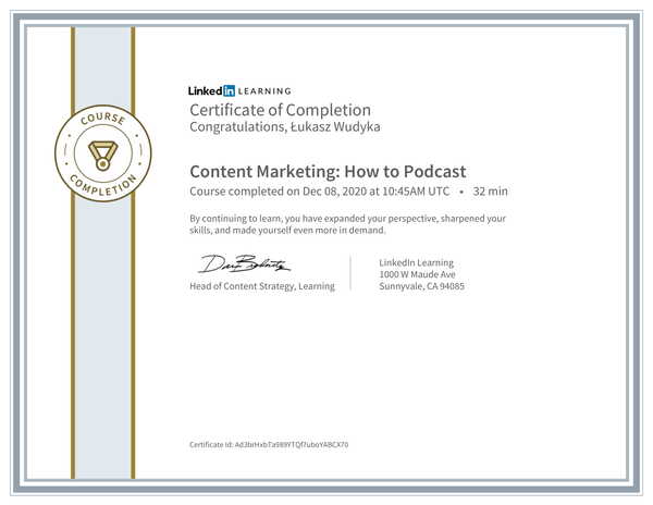 Wudyka Łukasz certyfikat LinkedIn - Content Marketing How to Podcast
