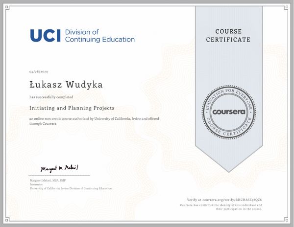 Wudyka Łukasz certyfikat Coursera - Initiating and Planning Projects.