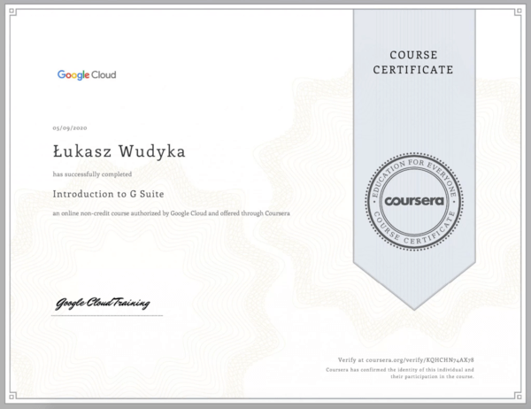 Wudyka Łukasz certyfikat Coursera - Introduction to G Suite.
