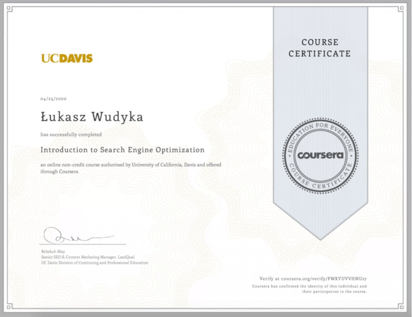 Wudyka Łukasz certyfikat Coursera - Introduction to Search Engine Optimization.