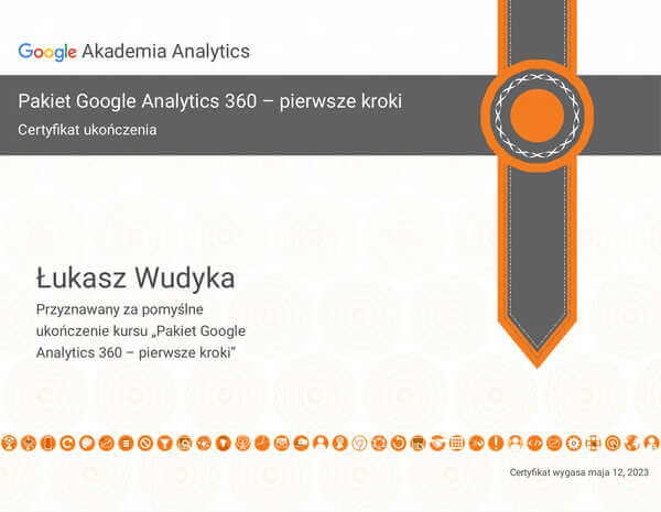 Wudyka Łukasz certyfikat Google Akademia Analytics - Pakiet Google Analytics 360 – pierwsze kroki.